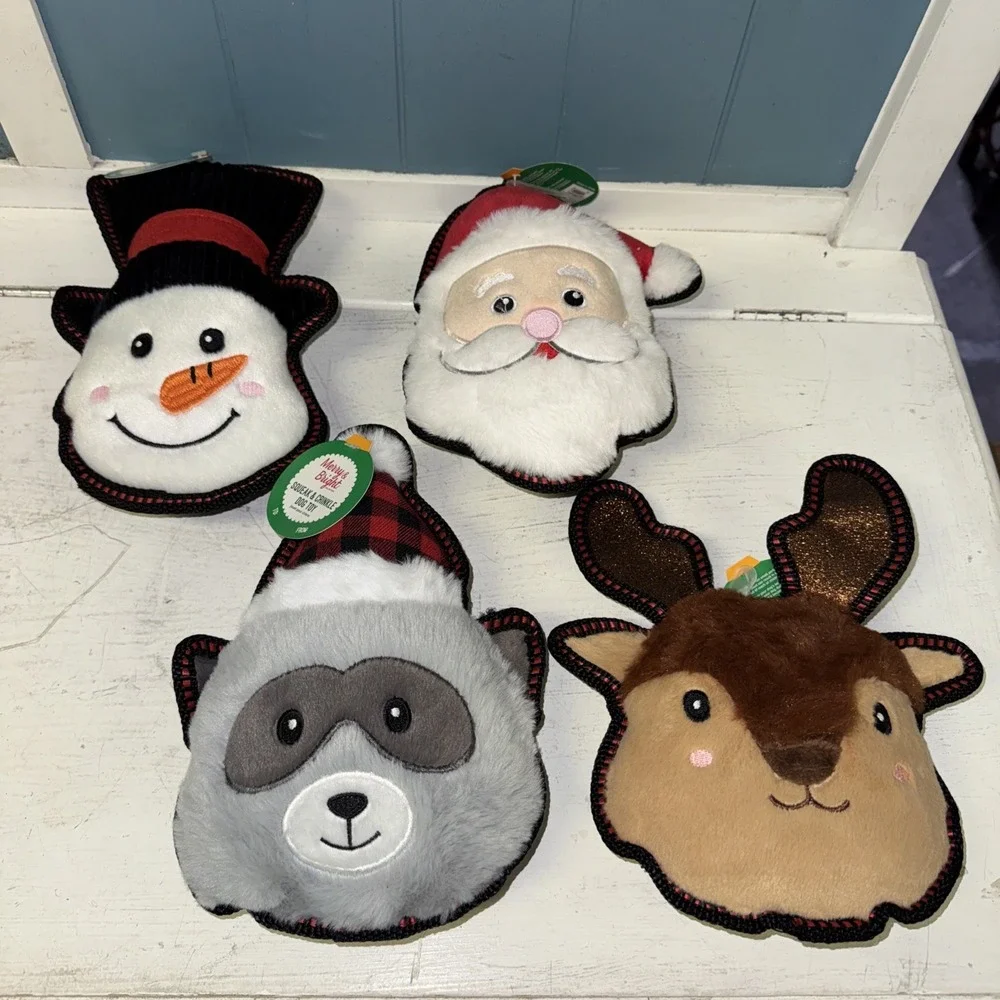Lot Of 4 Merry & Bright Crinkle Santa Raccoon Reindeer Snowman Squeaker Dog Toys